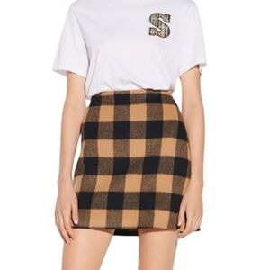 Sandro Paris Wool Buffalo Plaid Mini Skirt 
Fall Check Tan Black Cabincore Sz 2
